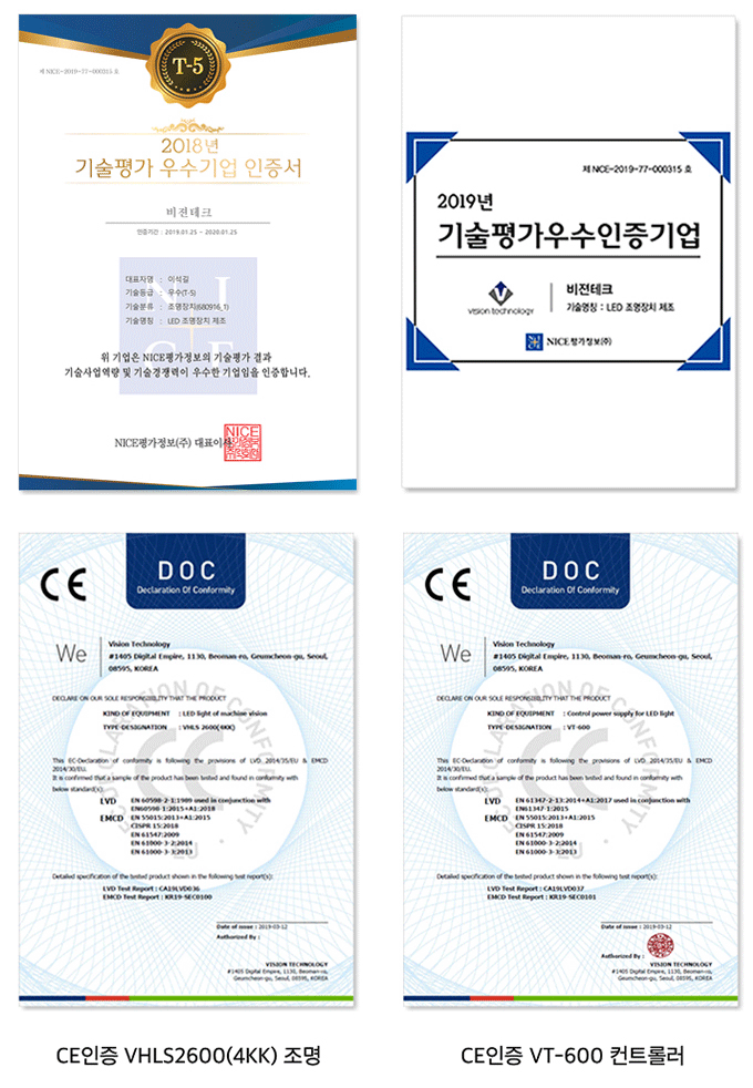 비젼테크 기술평가 우수기업 인증서